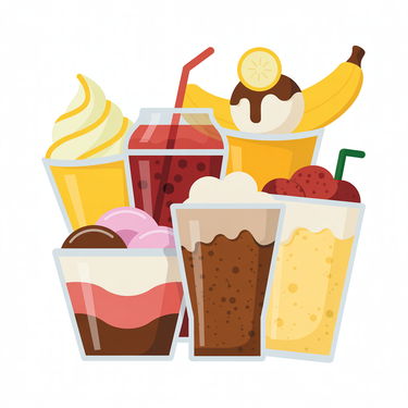 A vibrant display of Soda Shop Salt Water Taffy—freeze-dried creamy, fizzy, retro candy flavors—evokes classic ice cream parlor treats like sundaes, milkshakes, soda fountain drinks with straws, banana splits, and parfaits.